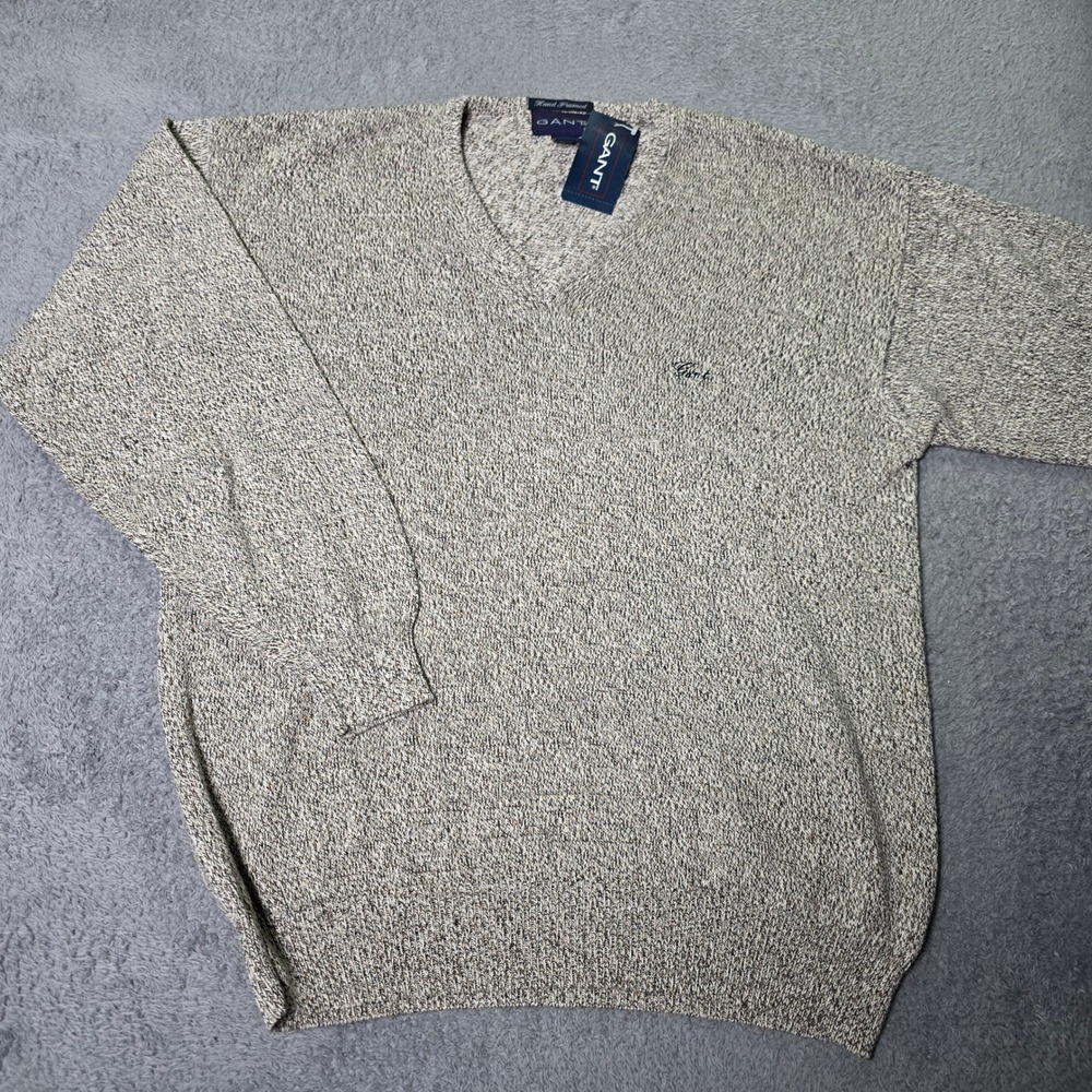Gant Mens Large V-Neck Sweater Tan Marled Cotton Hand Framed Logo R709NV